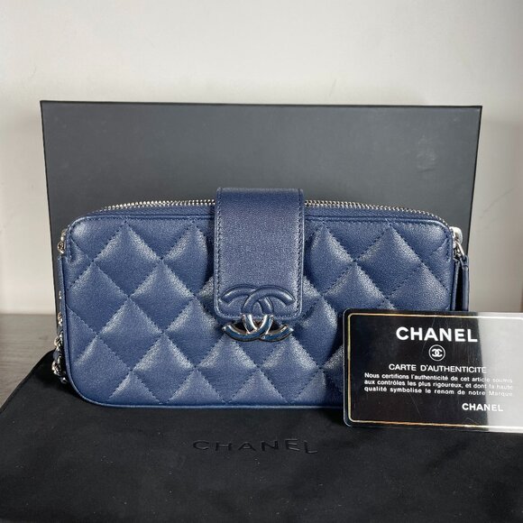 Preowned Chanel Navy Leather Double Zippy Wallet On Chain PE81368 - Picture 1 of 10